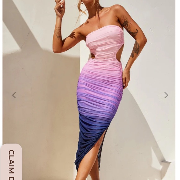 Dresses & Skirts - Strapless Ombre Ruched Bodycon Dress - Pink to Blue